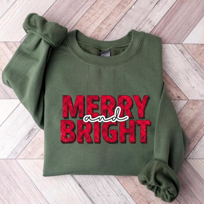 Merry and Bright Christmas Sweatshirt | Vintage Red Lettering Holiday Pullover | Cozy Winter Outfit Gift for Her