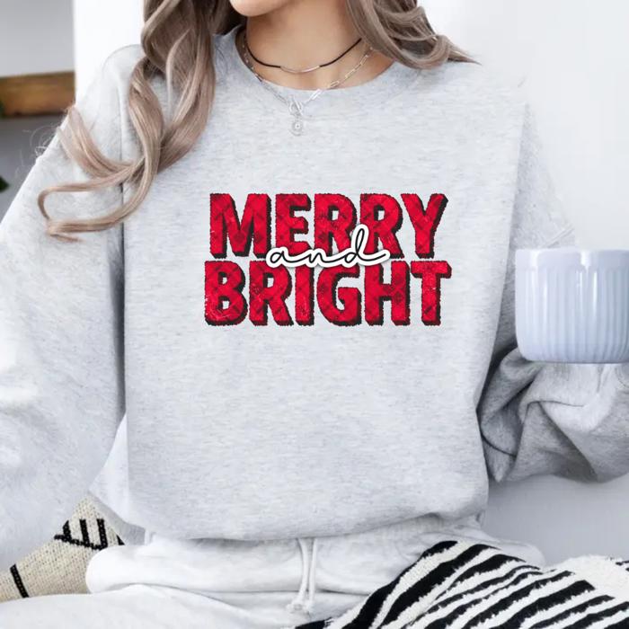 Merry and Bright Christmas Sweatshirt | Vintage Red Lettering Holiday Pullover | Cozy Winter Outfit Gift for Her