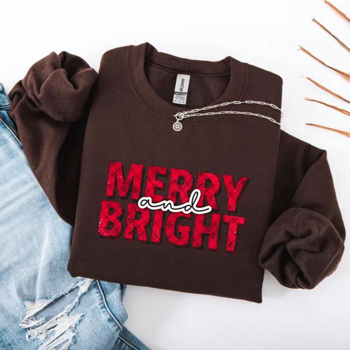 Merry and Bright Christmas Sweatshirt | Vintage Red Lettering Holiday Pullover | Cozy Winter Outfit Gift for Her