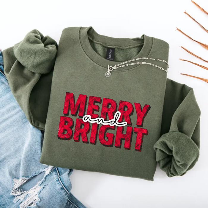 Merry and Bright Christmas Sweatshirt | Vintage Red Lettering Holiday Pullover | Cozy Winter Outfit Gift for Her