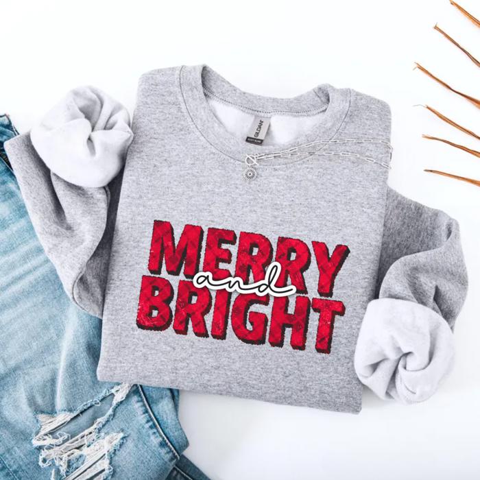 Merry and Bright Christmas Sweatshirt | Vintage Red Lettering Holiday Pullover | Cozy Winter Outfit Gift for Her
