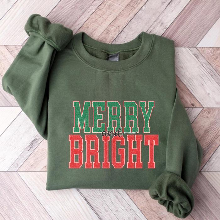Merry & Bright Christmas Sweatshirt, Cozy Holiday Pullover for Women, Vintage Varsity Letter Style, Green or Red Crewneck, Festive Gift Idea