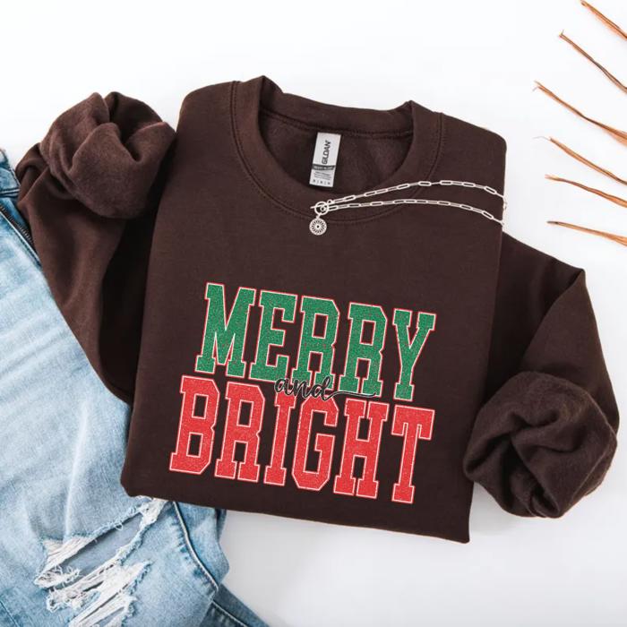 Merry & Bright Christmas Sweatshirt, Cozy Holiday Pullover for Women, Vintage Varsity Letter Style, Green or Red Crewneck, Festive Gift Idea