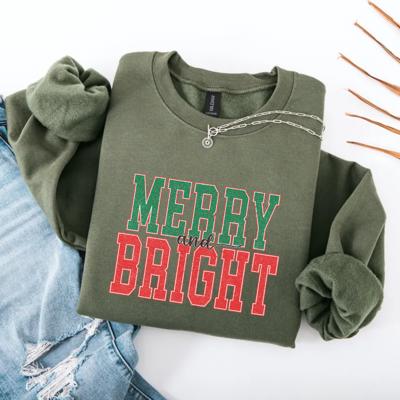 Merry & Bright Christmas Sweatshirt, Cozy Holiday Pullover for Women, Vintage Varsity Letter Style, Green or Red Crewneck, Festive Gift Idea