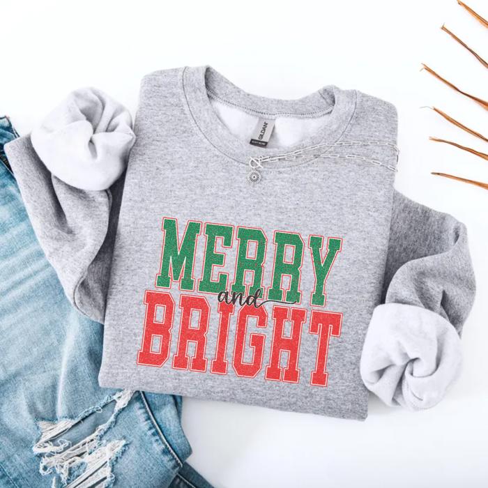 Merry & Bright Christmas Sweatshirt, Cozy Holiday Pullover for Women, Vintage Varsity Letter Style, Green or Red Crewneck, Festive Gift Idea