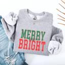 Merry & Bright Christmas Sweatshirt, Cozy Holiday Pullover for Women, Vintage Varsity Letter Style, Green or Red Crewneck, Festive Gift Idea