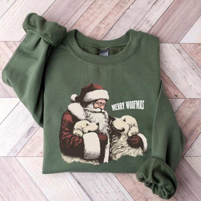 Merry Woofmas Christmas Sweatshirt, Vintage Santa Dog Mom Crewneck, Cozy Holiday Shirt Gift for Her, Funny Pet Lover Christmas Sweater