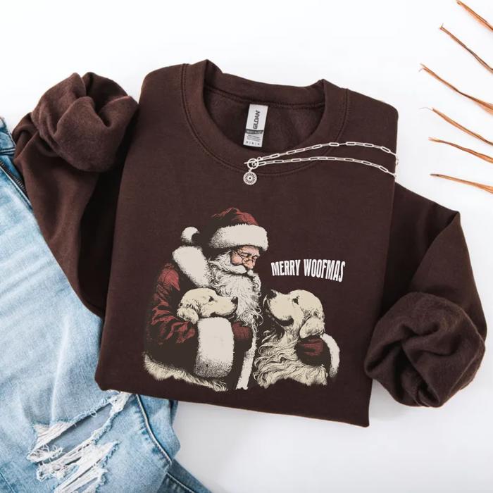Merry Woofmas Christmas Sweatshirt, Vintage Santa Dog Mom Crewneck, Cozy Holiday Shirt Gift for Her, Funny Pet Lover Christmas Sweater