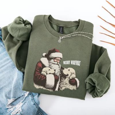 Merry Woofmas Christmas Sweatshirt, Vintage Santa Dog Mom Crewneck, Cozy Holiday Shirt Gift for Her, Funny Pet Lover Christmas Sweater