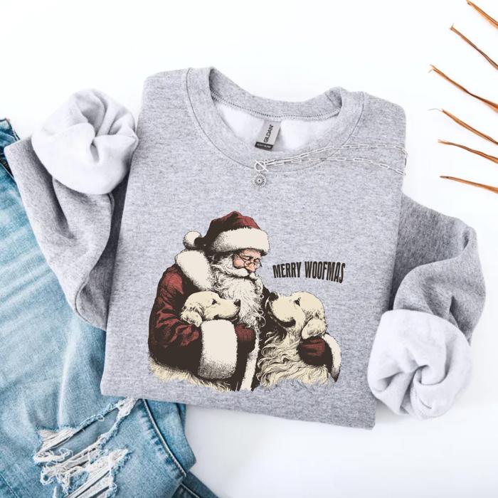 Merry Woofmas Christmas Sweatshirt, Vintage Santa Dog Mom Crewneck, Cozy Holiday Shirt Gift for Her, Funny Pet Lover Christmas Sweater