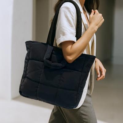 Black Quilted Puffer Tote Bag with Zipper, Large Soft Shoulder Bag for Women, Minimalist Padded Handbag, Cozy Winter Travel Purse, Everyday Work Bag, Gift for Her