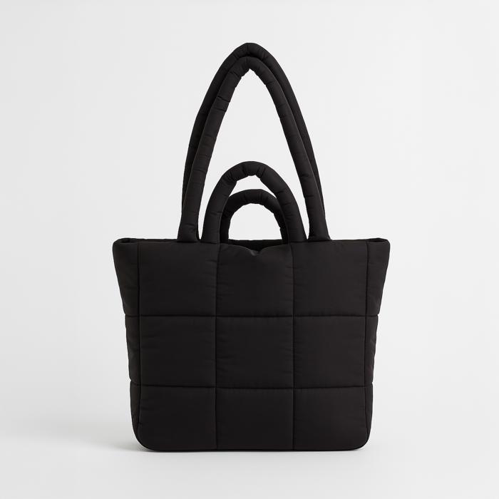 Black Quilted Puffer Tote Bag with Zipper, Large Soft Shoulder Bag for Women, Minimalist Padded Handbag, Cozy Winter Travel Purse, Everyday Work Bag, Gift for Her
