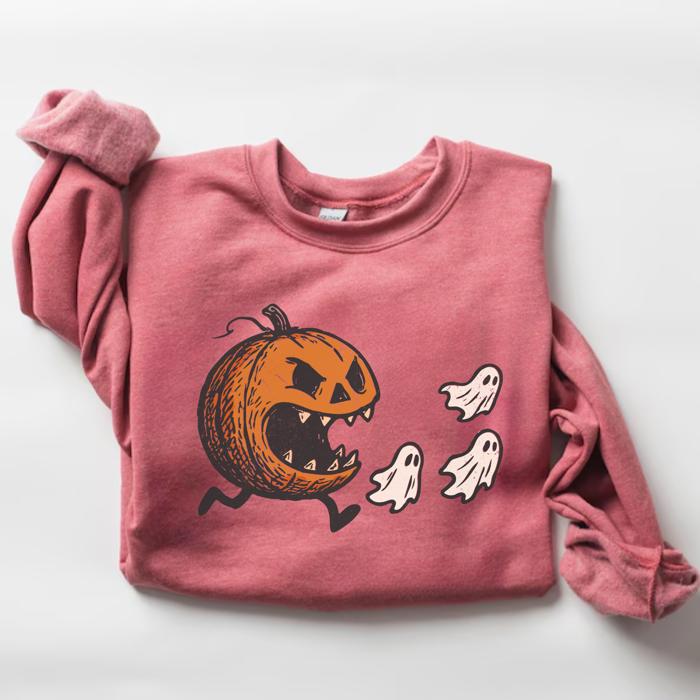 Funny Pumpkin Halloween Sweatshirt, Vintage Fall Crewneck – Cute Ghost Graphic, Cozy Spooky Season Top, Autumn Outfit for Her