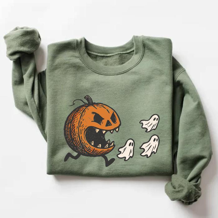 Funny Pumpkin Halloween Sweatshirt, Vintage Fall Crewneck – Cute Ghost Graphic, Cozy Spooky Season Top, Autumn Outfit for Her