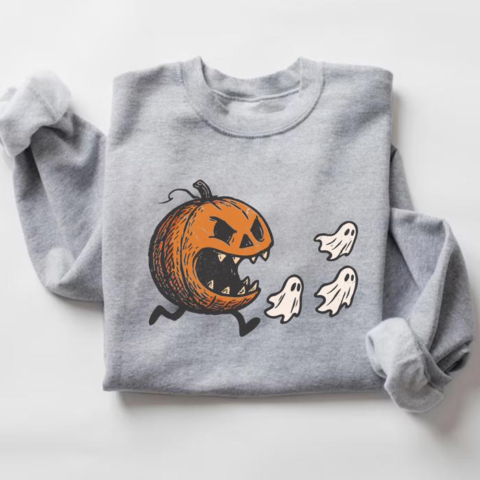 Funny Pumpkin Halloween Sweatshirt, Vintage Fall Crewneck – Cute Ghost Graphic, Cozy Spooky Season Top, Autumn Outfit for Her