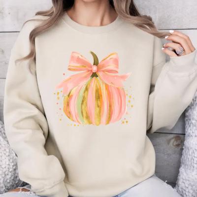 Pastel Pumpkin Bow Sweatshirt, Cute Fall Graphic Pullover, Cozy Autumn Sweater, Thanksgiving Outfit, Faux Glitter Pumpkin, Gift for Her