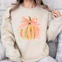  Pastel Pumpkin Bow Sweatshirt, Cute Fall Graphic Pullover, Cozy Autumn Sweater, Thanksgiving Outfit, Faux Glitter Pumpkin, Gift for Her