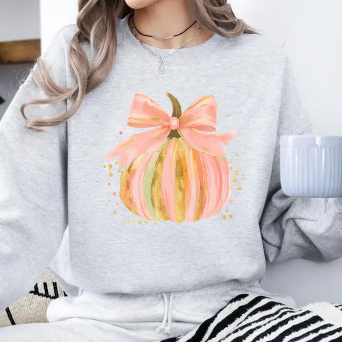 Pastel Pumpkin Bow Sweatshirt, Cute Fall Graphic Pullover, Cozy Autumn Sweater, Thanksgiving Outfit, Faux Glitter Pumpkin, Gift for Her