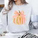  Pastel Pumpkin Bow Sweatshirt, Cute Fall Graphic Pullover, Cozy Autumn Sweater, Thanksgiving Outfit, Faux Glitter Pumpkin, Gift for Her