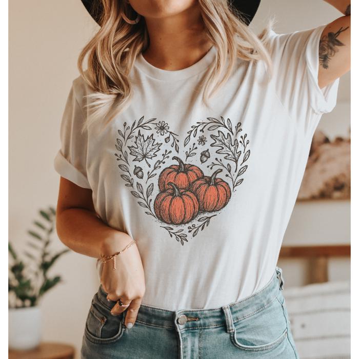 Pumpkin Heart Graphic Fall Harvest T-Shirt, Autumn Pumpkin Shirt, Thanksgiving Outfit, Cozy Fall Style, Gift for Her
