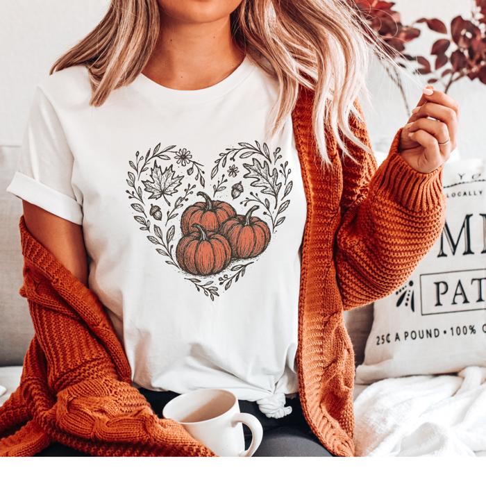 Pumpkin Heart Graphic Fall Harvest T-Shirt, Autumn Pumpkin Shirt, Thanksgiving Outfit, Cozy Fall Style, Gift for Her