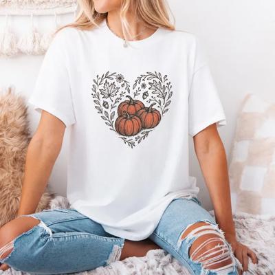 Pumpkin Heart Graphic Fall Harvest T-Shirt, Autumn Pumpkin Shirt, Thanksgiving Outfit, Cozy Fall Style, Gift for Her