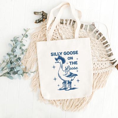 Silly Goose Tote Bag, Funny Cowboy Duck Canvas Bag, Western Country Girl Gift, Book Bag, Farmer Market Purse, Trendy Cotton Tote