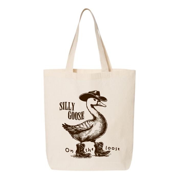 Silly Goose On the Loose Tote Bag, Funny Western Cowboy Duck Canvas Bag, Vintage Country Girl Gift, Y2K Aesthetic Tote, Farmer’s Market Bag, Gift for Her