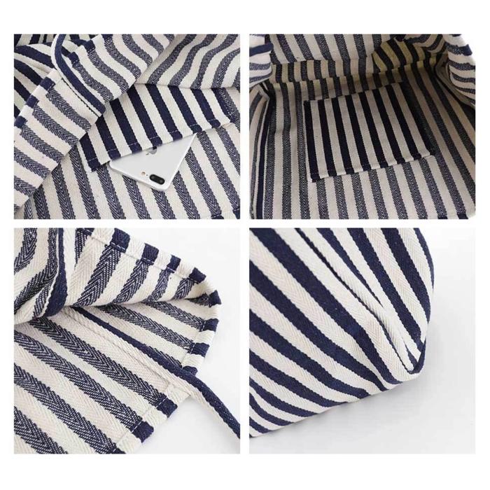 Striped Canvas Tote Bag, Oversized Shoulder Bag with Pocket, Navy Beach Bag, Boho Hobo Bag, Retro summer bag for women, Casual Tote Bag
