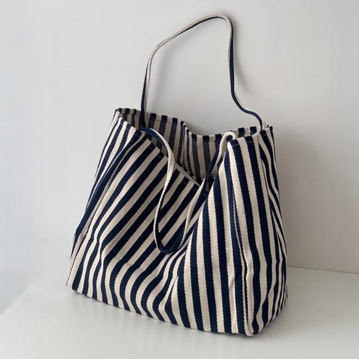 Striped Canvas Tote Bag, Oversized Shoulder Bag with Pocket, Navy Beach Bag, Boho Hobo Bag, Retro summer bag for women, Casual Tote Bag