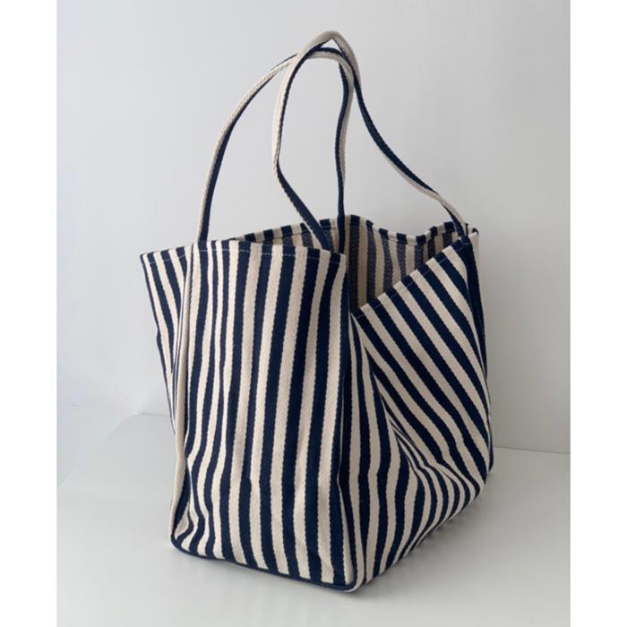 Striped Canvas Tote Bag, Oversized Shoulder Bag with Pocket, Navy Beach Bag, Boho Hobo Bag, Retro summer bag for women, Casual Tote Bag