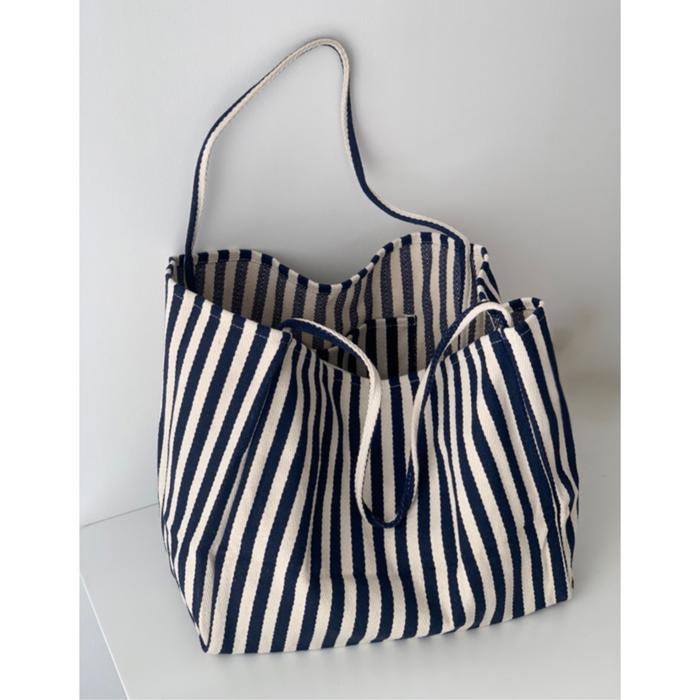Striped Canvas Tote Bag, Oversized Shoulder Bag with Pocket, Navy Beach Bag, Boho Hobo Bag, Retro summer bag for women, Casual Tote Bag