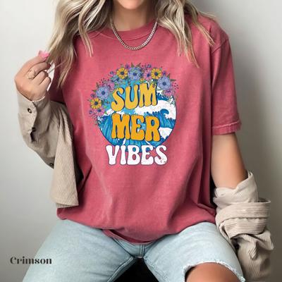 Summer Vibes Comfort Colors T-Shirt – Floral Coastal Graphic Tee, Vintage Beach Shirt for Women, Retro Summer Vacation Outfit