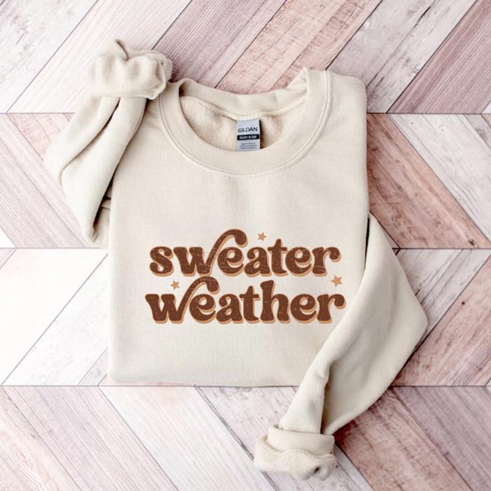 Sweater Weather Graphic Sweatshirt, Cozy Fall Pullover, Retro Autumn Top, Pumpkin Spice Season Outfit, Gift for Her