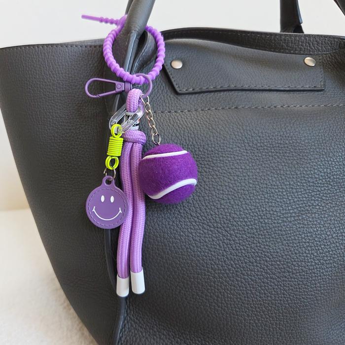 Tennis Ball Bag Charm Keychain, Cute Bag Charms with Smiley Face & Rope Loop, Aesthetic Bag Accessory, Gift for Her, Backpack decoration