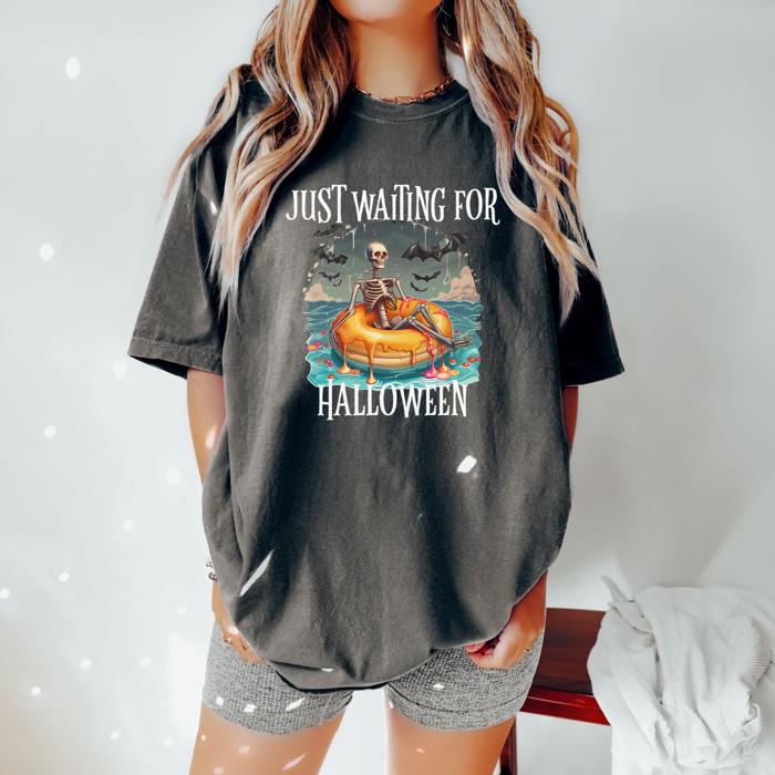 Just Waiting for Halloween Shirt, Funny Skeleton Halloween Tee, Comfort Colors Crop Top or Tee, Fall Country Shirt, Spooky Season Shirt