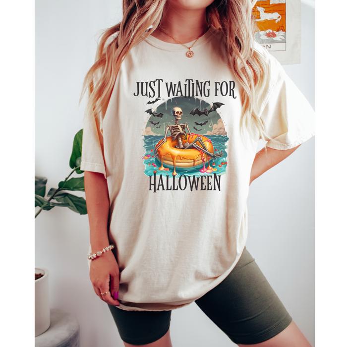 Just Waiting for Halloween Shirt, Funny Skeleton Halloween Tee, Comfort Colors Crop Top or Tee, Fall Country Shirt, Spooky Season Shirt
