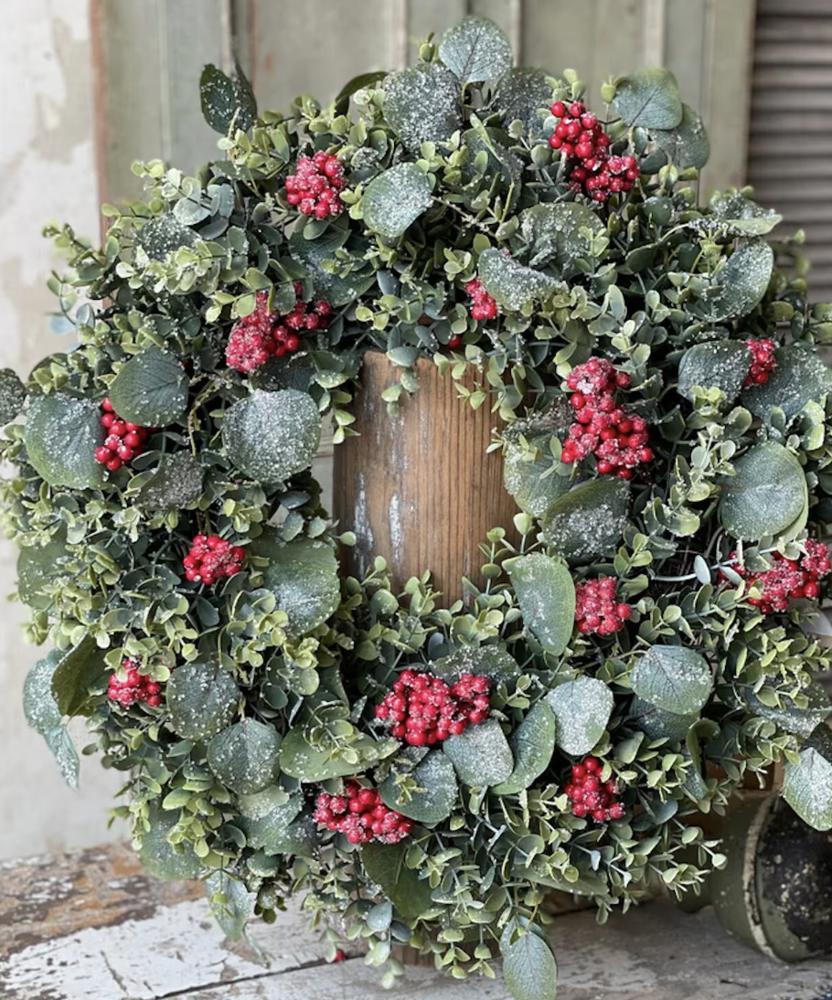 Holiday Eucalyptus & Red Berry Wreath – 20" with Glitter & Ice Accents