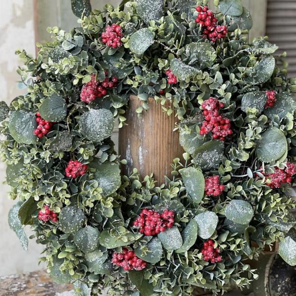 Holiday Eucalyptus & Red Berry Wreath – 20" with Glitter & Ice Accents