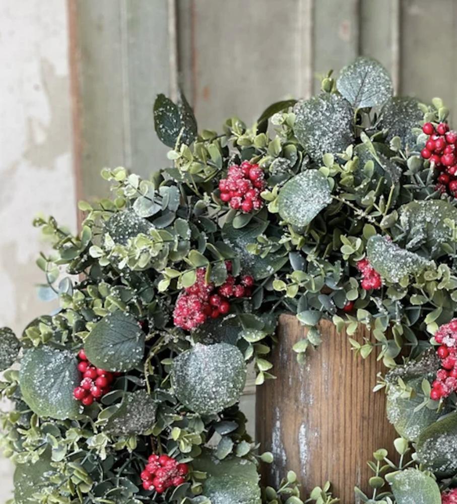 Holiday Eucalyptus & Red Berry Wreath – 20" with Glitter & Ice Accents