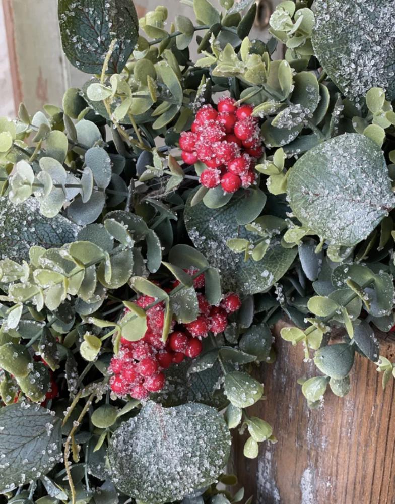 Holiday Eucalyptus & Red Berry Wreath – 20" with Glitter & Ice Accents