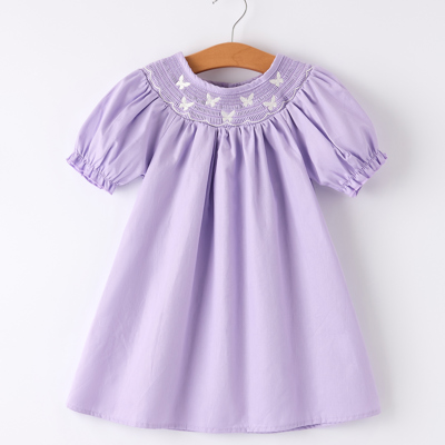Girls Butterfly Smocking Embroidered Purple Dress