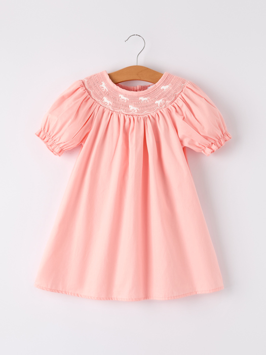 Toddler Girls Horse Smocking Embroidered Coral Dress