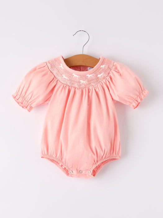 Baby Girls Horse Smocking Embroidered Coral Romper