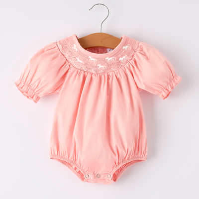 Baby Girls Horse Smocking Embroidered Coral Romper
