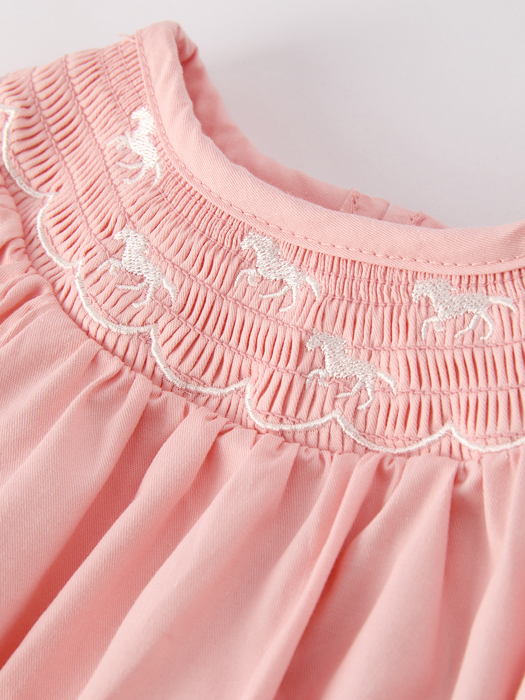Baby Girls Horse Smocking Embroidered Coral Romper