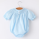  Girls Cross Smocking Embroidered Blue Romper