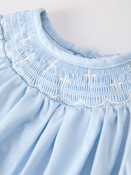 Girls Cross Smocking Embroidered Blue Romper