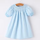  Girls Cross Smocking Embroidered Blue Dress