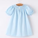  Girls Cross Smocking Embroidered Blue Dress